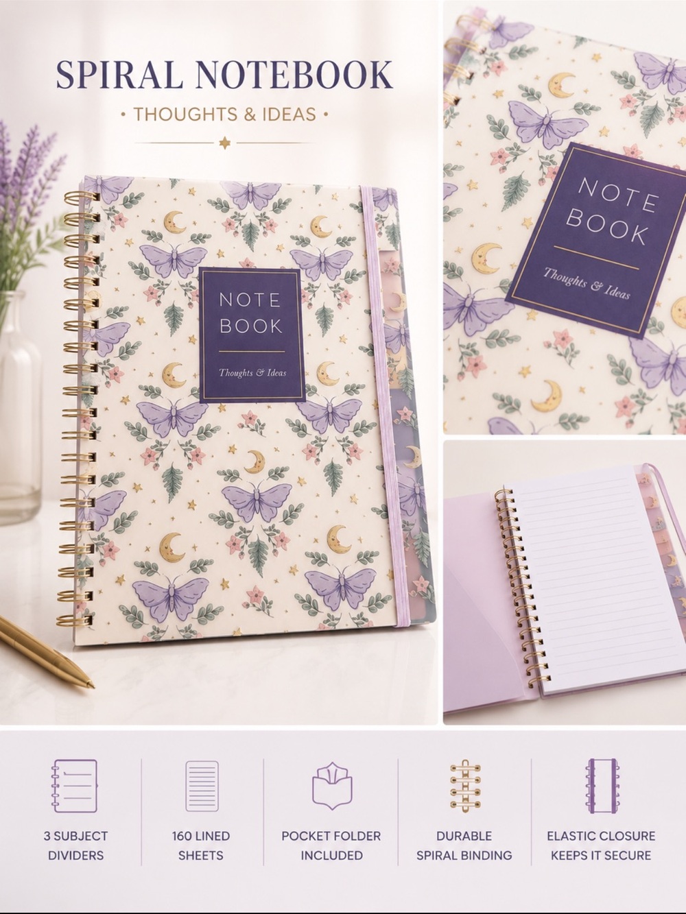 James Burke Lavender Butterfly Pattern Spiral Notebook